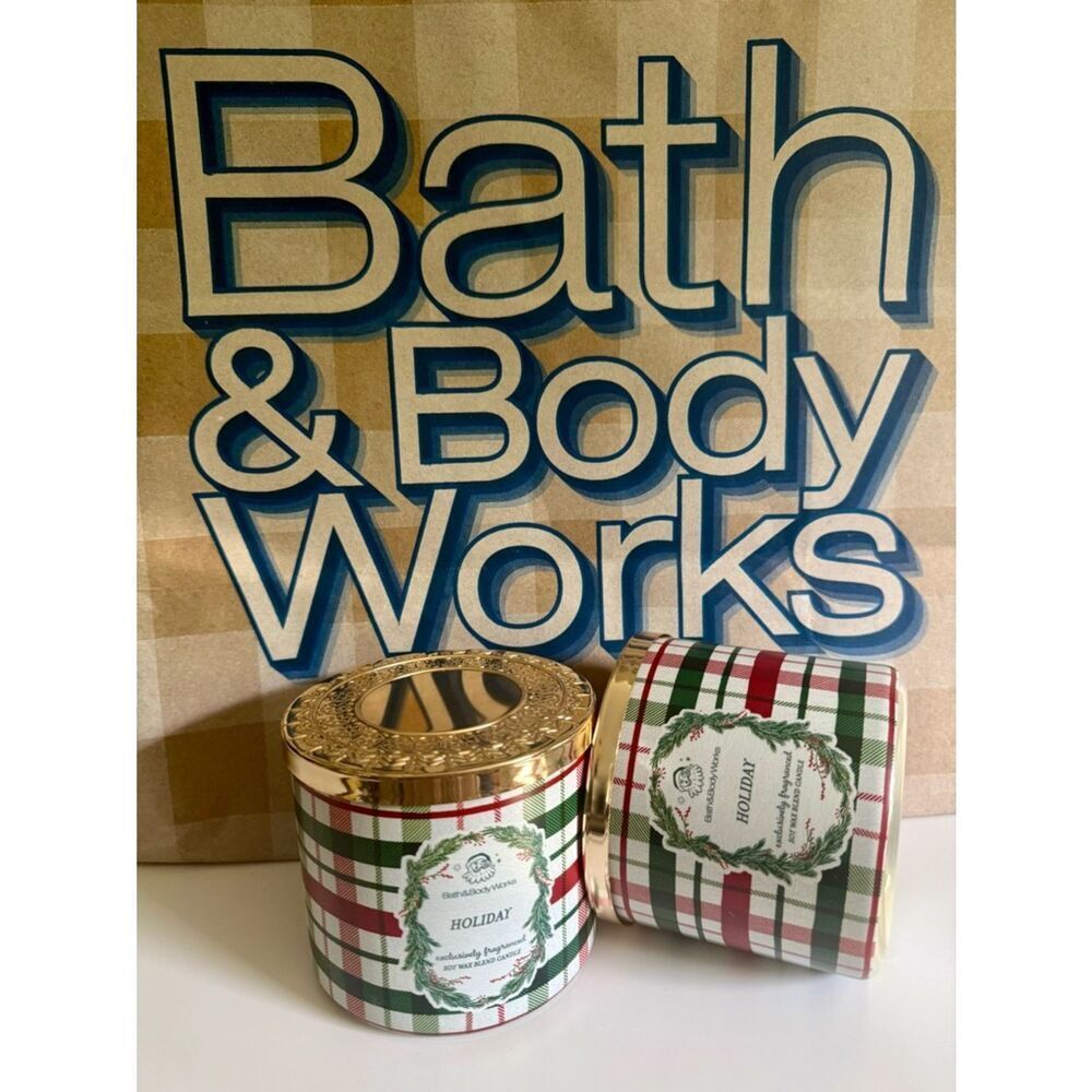 Bath & Body Works Holiday Plaid Candle Bundle Set 2 3 Wick Wax Covered New